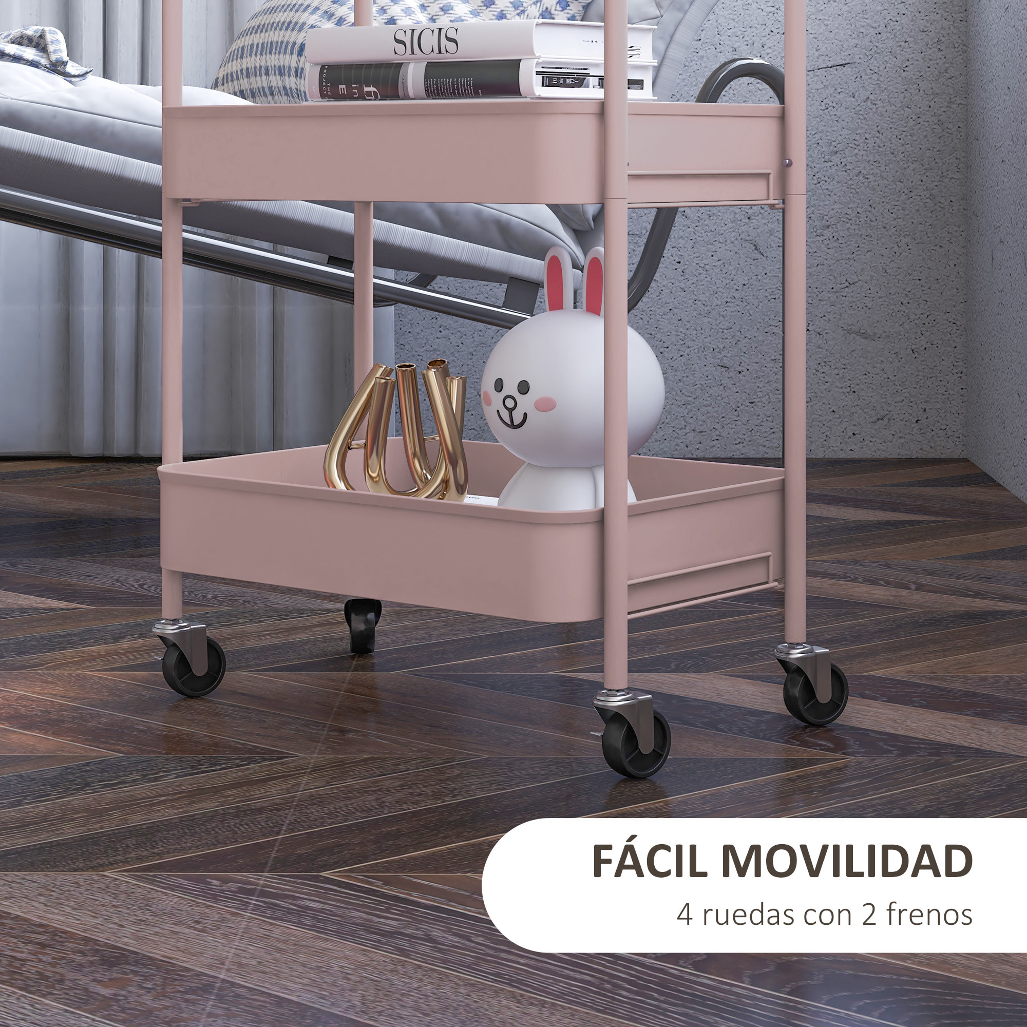 HOMCOM Carrito Auxiliar con Ruedas Carrito de Almacenamiento con 3 Cestas y Marco de Acero para Salón Dormitorio Oficina Cocina 45x30,6x79 cm Rosa