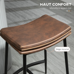 Lot de 2 tabourets de bar Vintage avec repose-pied piètement acier noir assise incurvée tissu marron effet vieilli