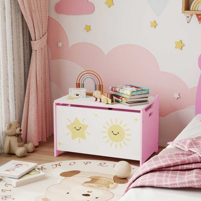 Coffre malle de rangement coffre à jouets design soleil et étoile dim. 60L x 37l x 39H cm vérin pneumatique MDF rose