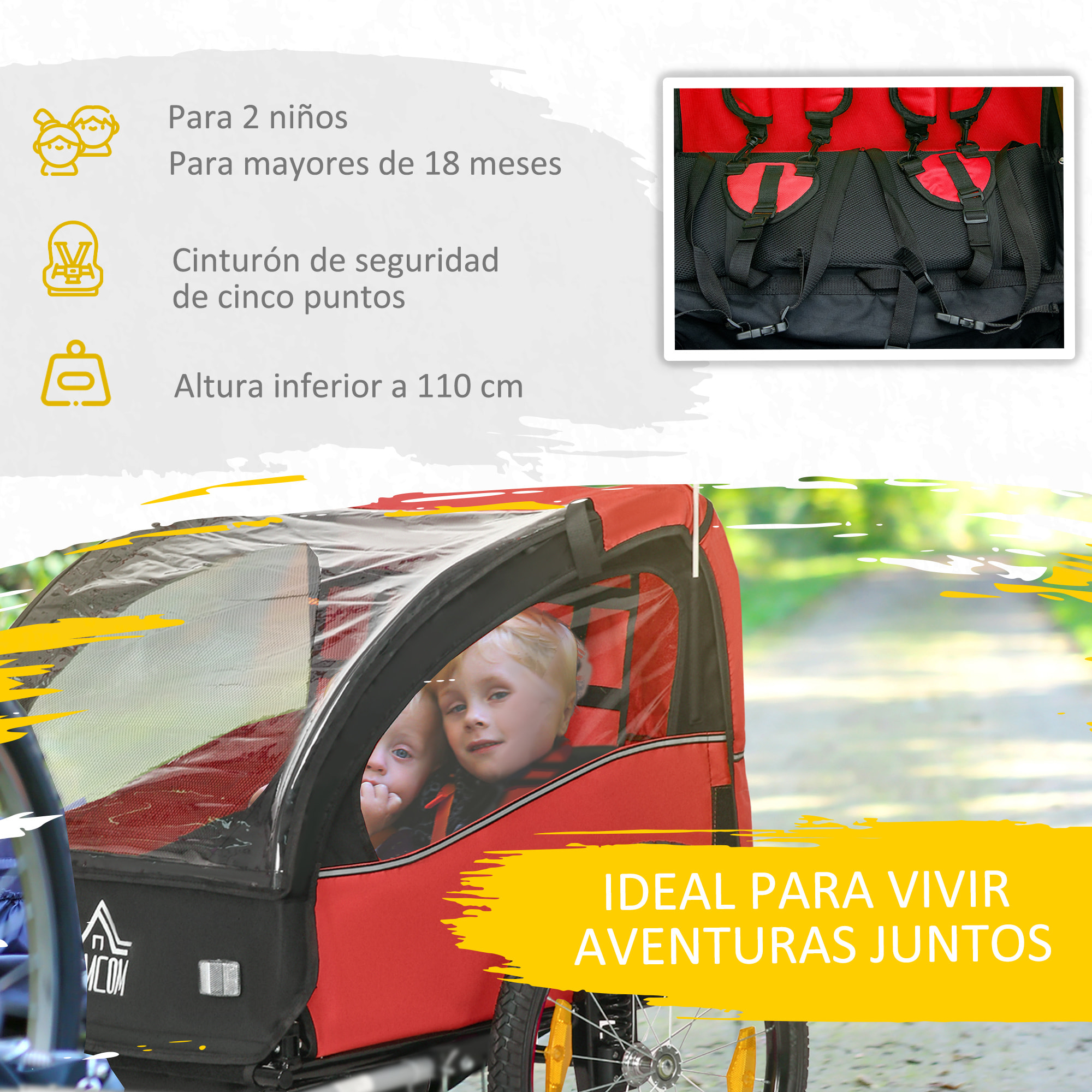 Remolque de Bicicleta para Niños +18 Meses Cochecito para Transporte de 2 Plazas con Cinturón de Seguridad Espacio de Almacenamiento y Sistema de Amortiguador 140x88x90 cm Rojo