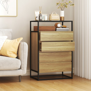 Cómoda 4 Cajones, Cómoda Dormitorio con Superficie de Vidrio Templado, Estante Abierto, Estructura de Acero, Cajonera para Salón, Oficina, 60x40x94,5 cm, Teca