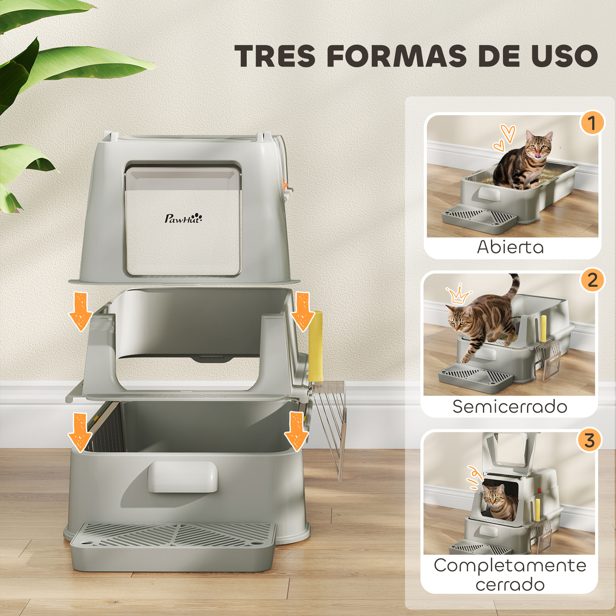 Arenero para Gatos de Acero Inoxidable XL, Caja de Arena para Gatos, Arenero con Tapa Abatible 180°, Laterales Altos, Pedal, Pala, sin Olores, Fácil de Limpiar, Antifugas, Gris Claro