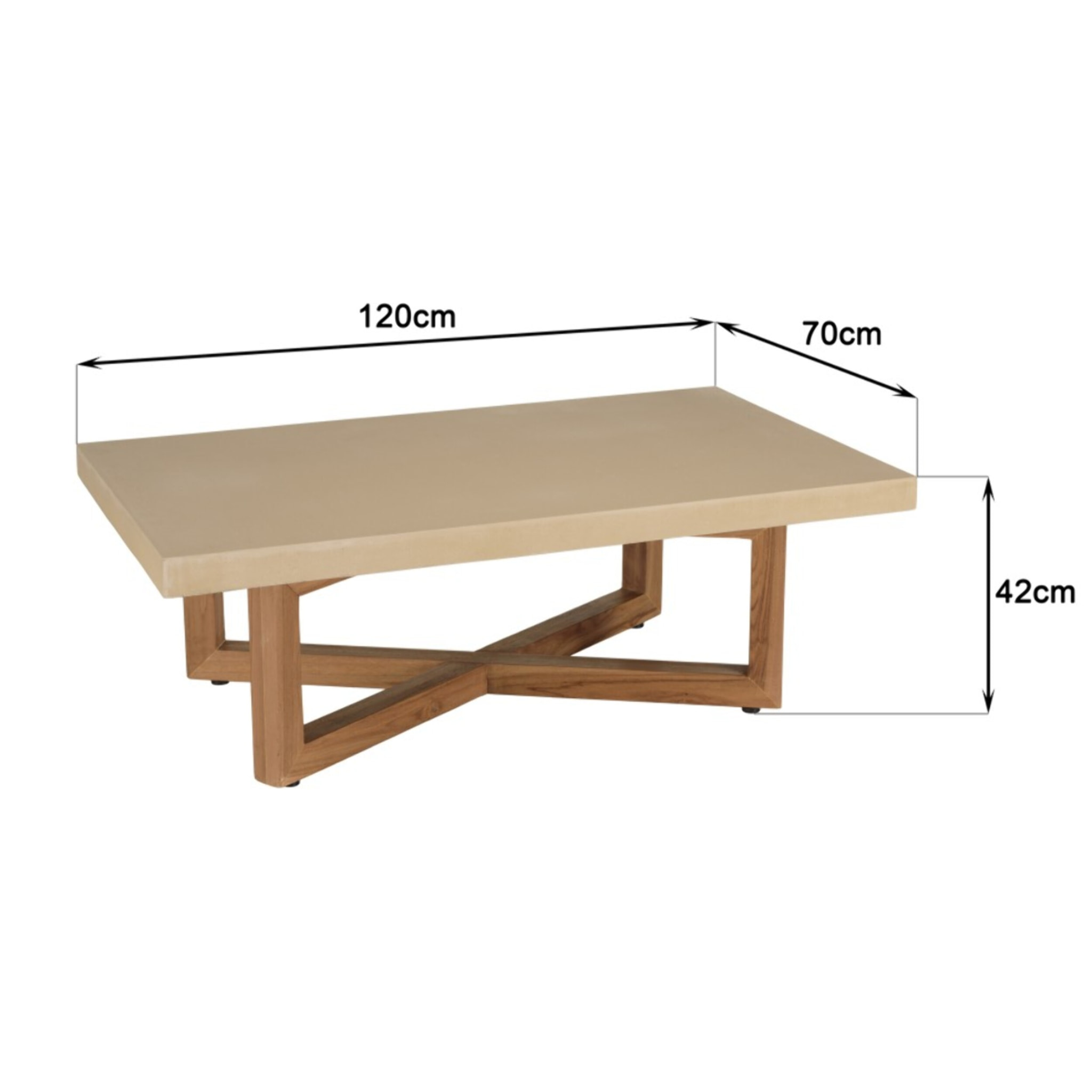 DAK - Table basse rect. 120x70cm en béton beige pieds croisés en teck