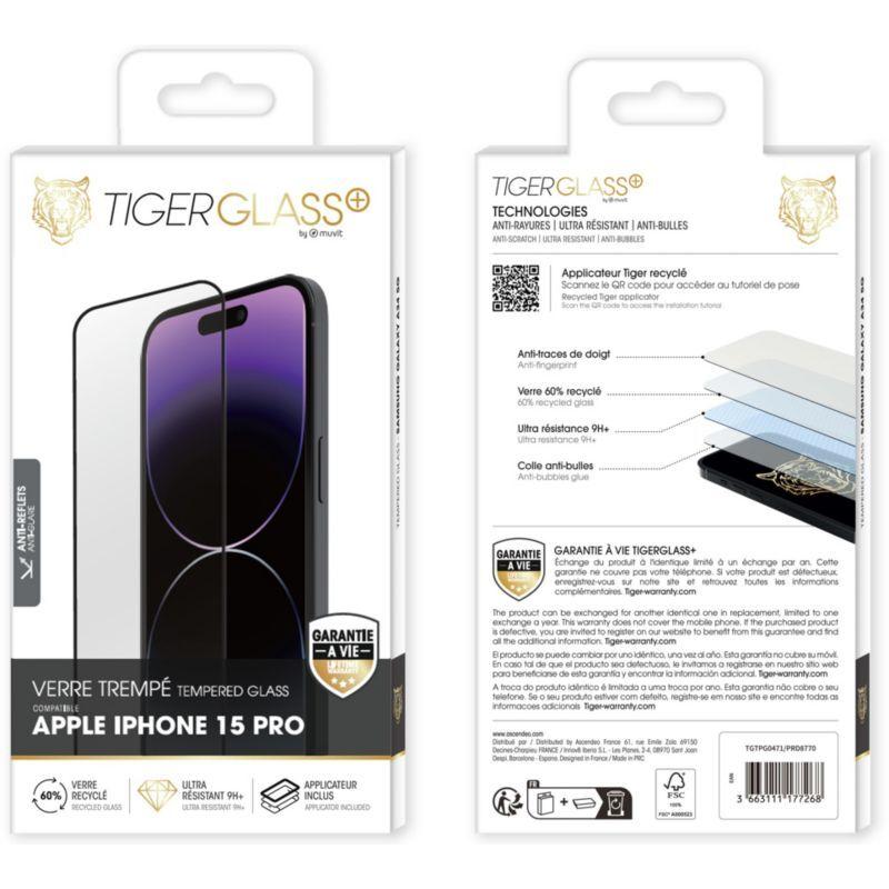 TIGER GLASS - Protège écran TIGER GLASS iPhone 15 Pro Verre trempé