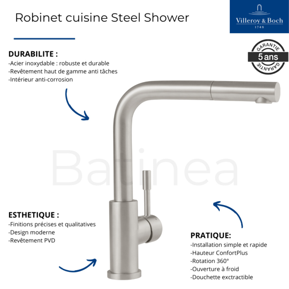Evier Subway Pure 60 1 bac et demi égouttoir à droite vidage auto + Robinet Steel Shower Acier Massif