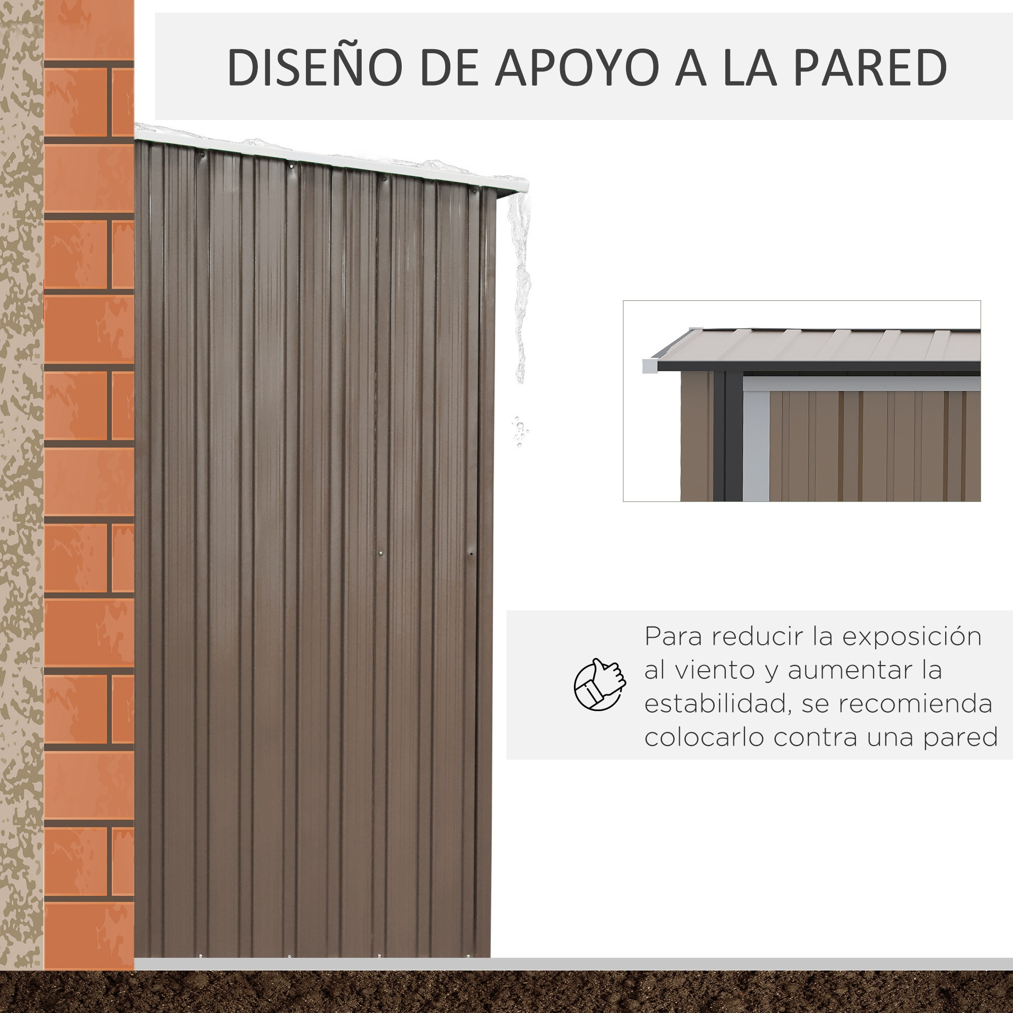 Caseta de Jardín 1,07 m² 142x84x189 cm Cobertizo Exterior Metálico con Puerta Cerradura y Orificios de Drenaje para Almacenamiento de Herramientas Marrón