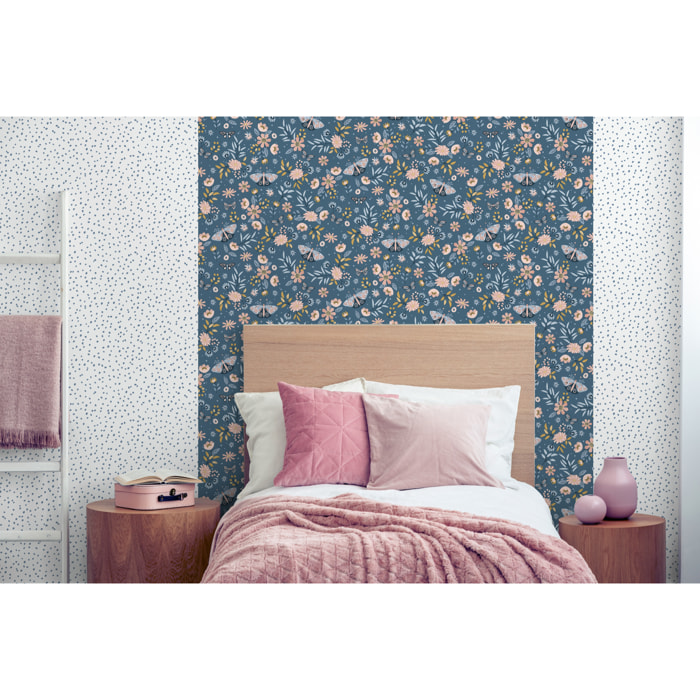 Papier peint floral papillons fond bleu nuit