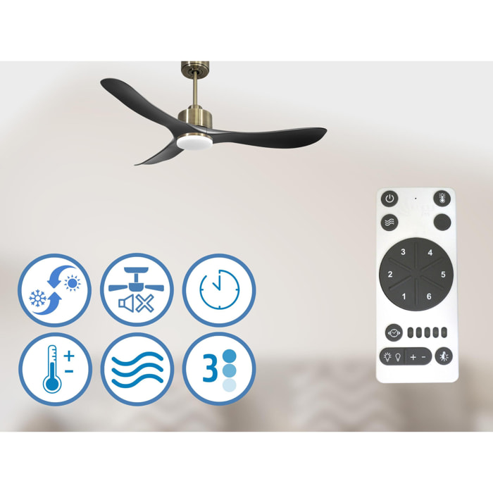 Ventilateur de plafond Réversible  Thermostat Dimmable Wifi Moteur à courant continu Toits en pente Télécommande Lumière à trois tons Hypersilence Mémoire