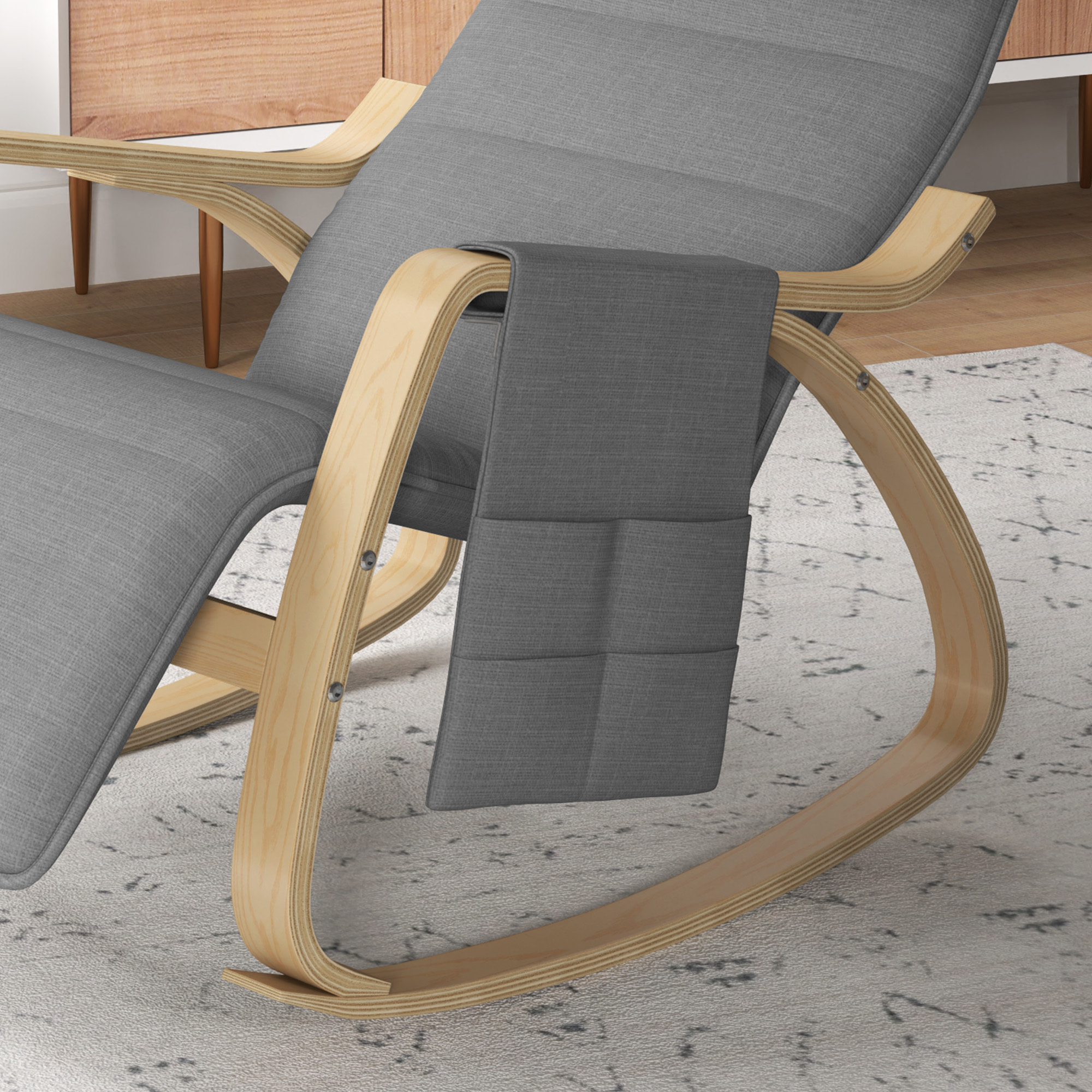 Fauteuil à bascule - fauteuil relax repose-pied réglable, poche rangement, tétière - bois tissu gris
