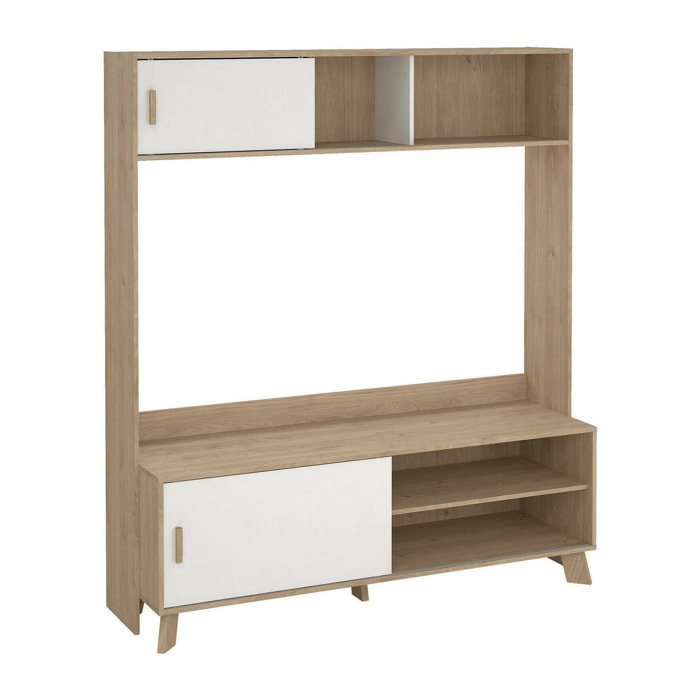 Mobile porta TV Nicosia, Credenza da soggiorno, Armadio basso per TV, Base parete attrezzata, 159x48 h181 cm, Rovere e Bianco