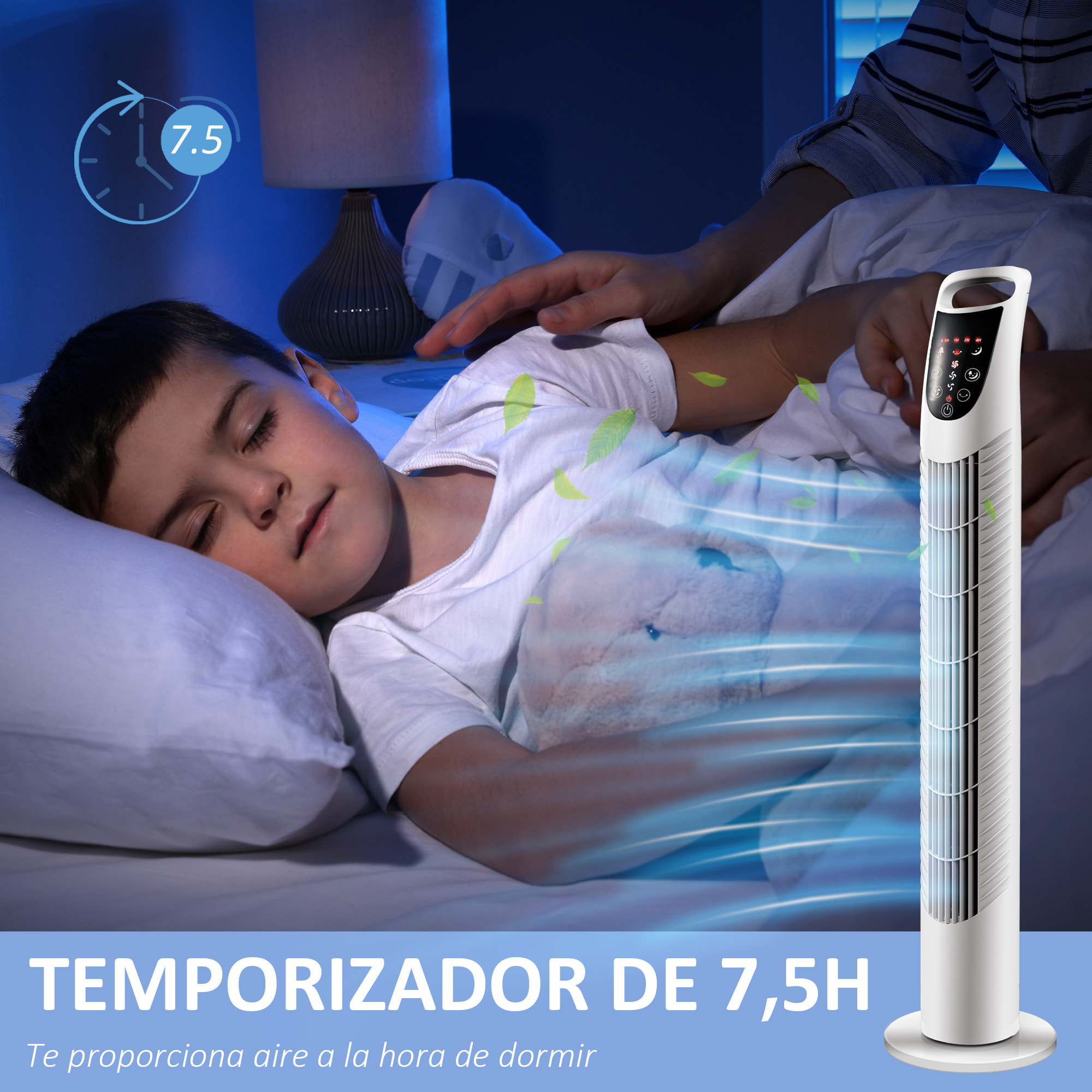 Ventilador de Torre Ventilador Vertical 40W con Mando a Distancia 3 Velocidades Temporizador 7,5h Oscilante 70° Ø18x78,5 cm Blanco