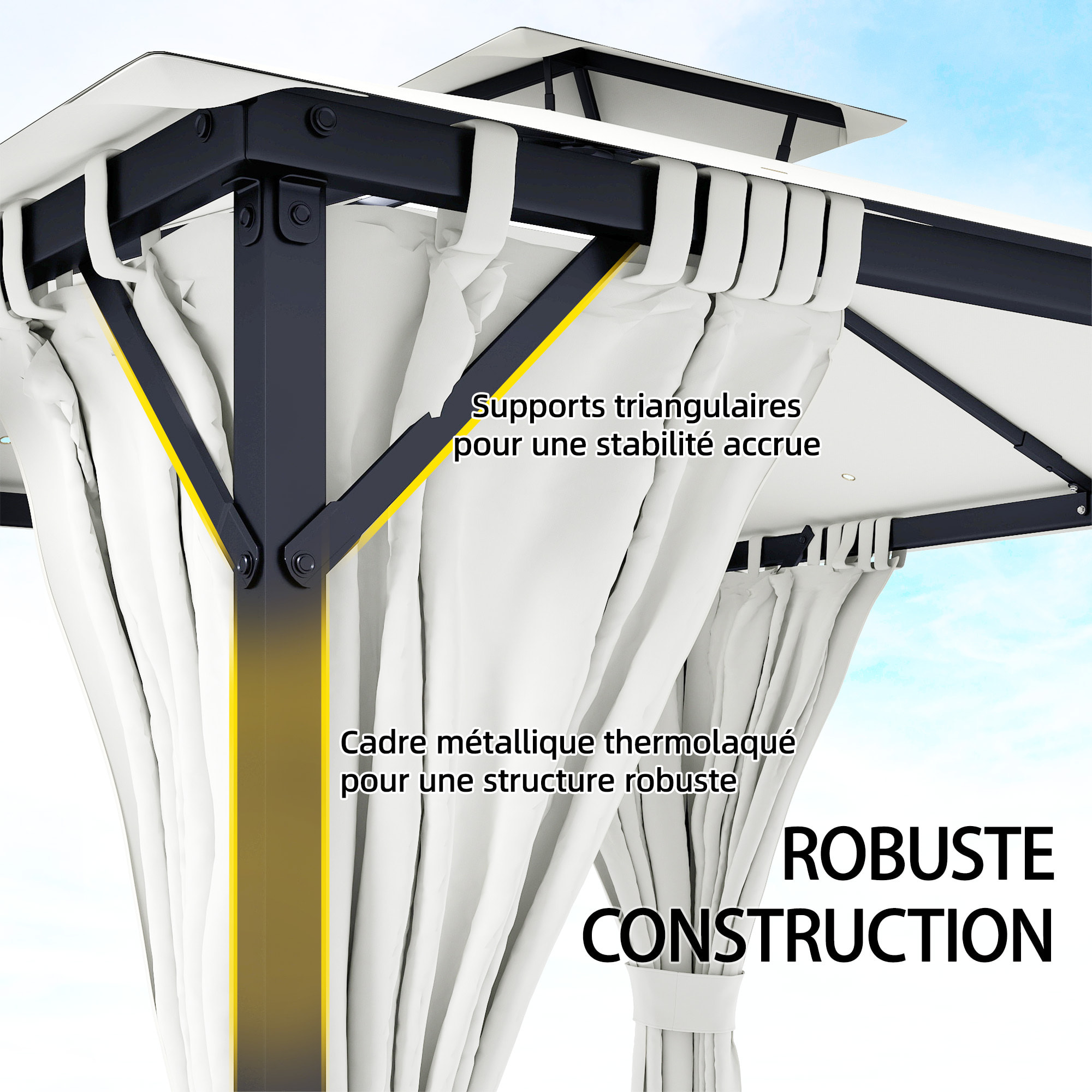 Pavillon de jardin 3x3m toit double rideaux crème