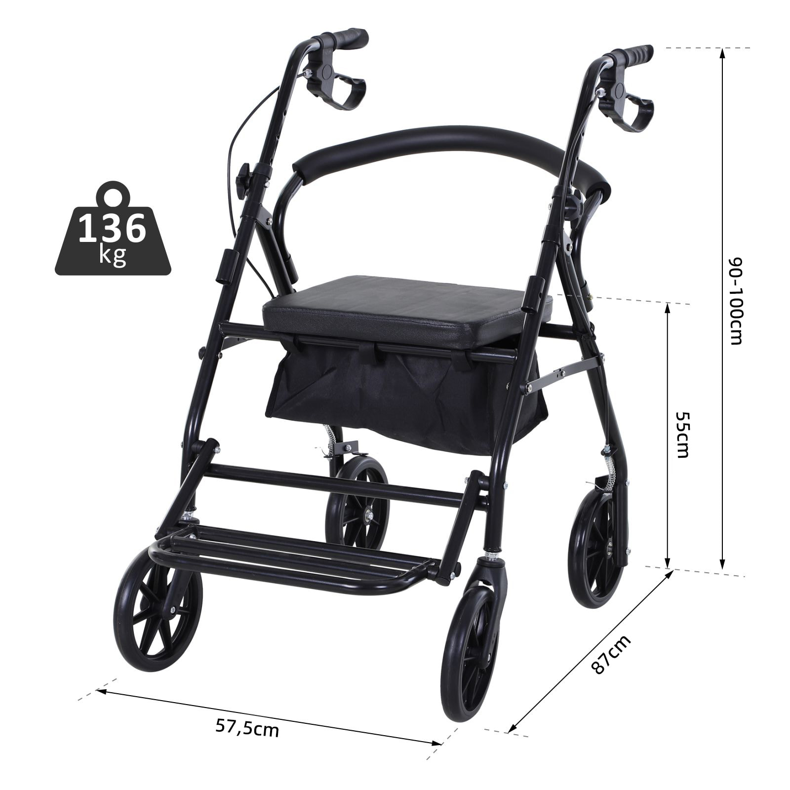 HOMCOM Andador para Ancianos Plegable, Andadores Adultos para Personas Mayores con Asiento Acolchado y 4 Ruedas, Mango Ergonómico Ajustable en Altura, Frenos de Maneta, Cesta, Reposapiés, Negro