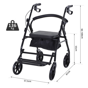 HOMCOM Andador para Ancianos Plegable, Andadores Adultos para Personas Mayores con Asiento Acolchado y 4 Ruedas, Mango Ergonómico Ajustable en Altura, Frenos de Maneta, Cesta, Reposapiés, Negro