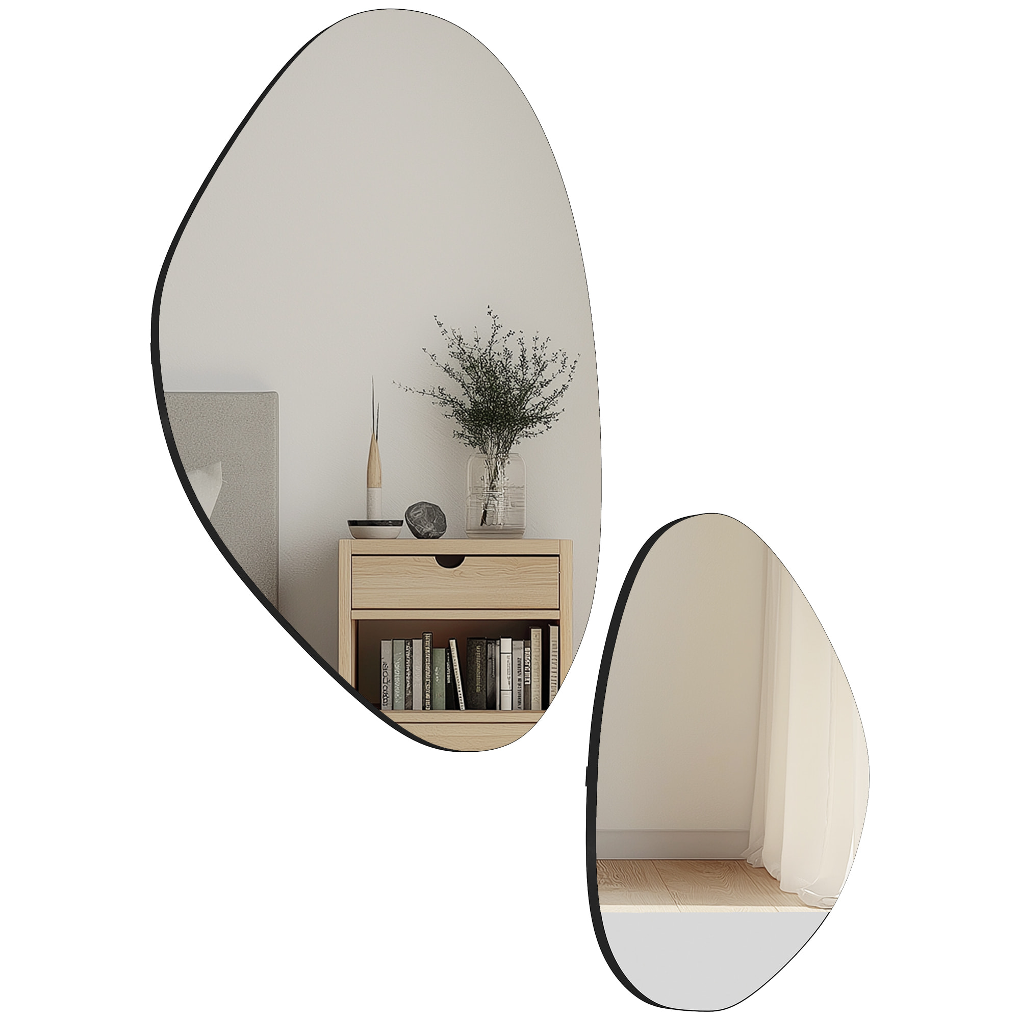 Lot de 2 miroirs organiques à suspendre L.46 x H.70 cm et L.31 x H.49 cm cadre métal noir