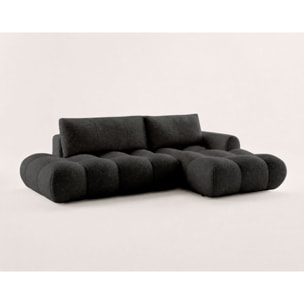 Yulin - Canapé d'angle ouvert droit 4 places convertible avec coffre en tissu bouclette - Noir