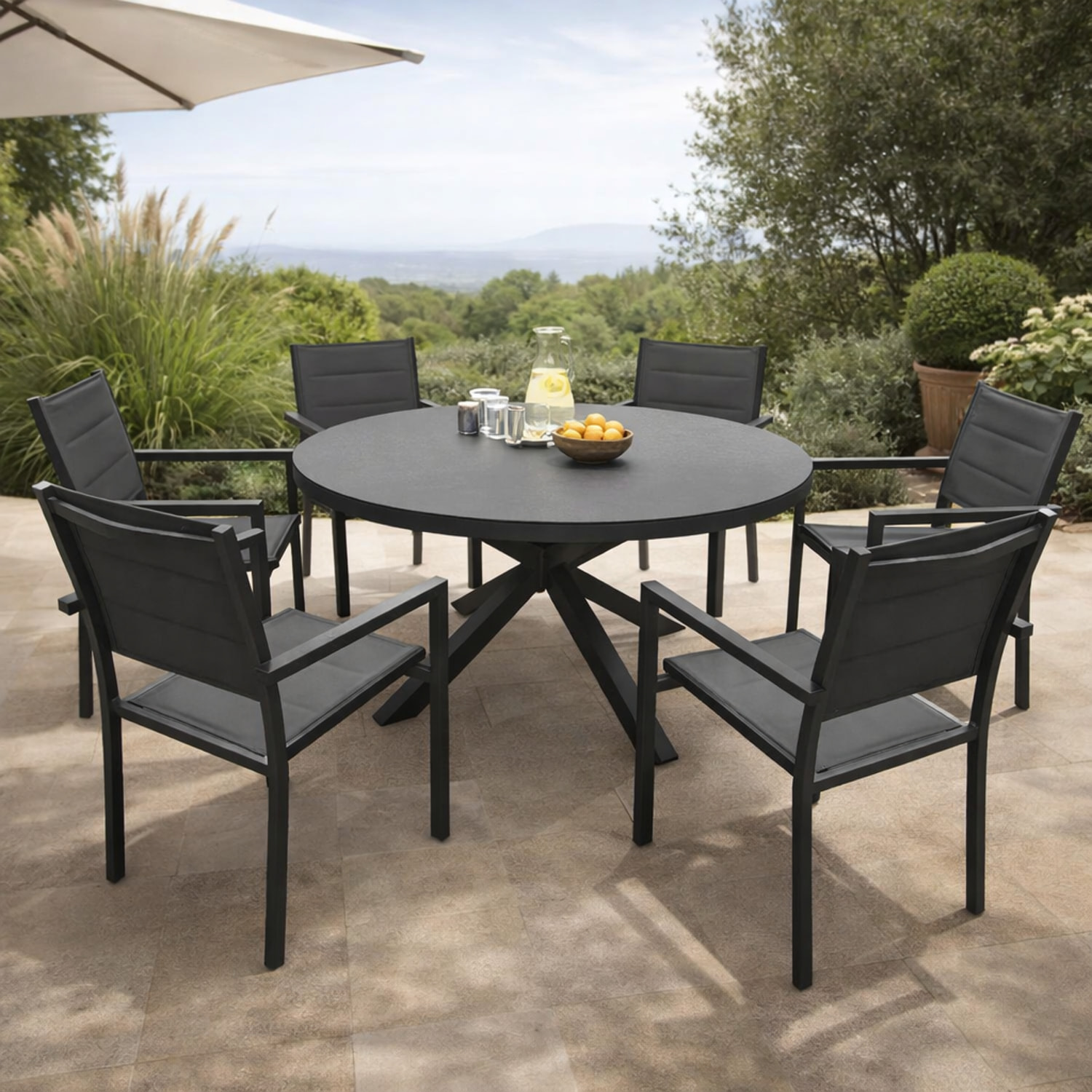 Salon de jardin GIALOVA en textilène gris 6 places - aluminium anthracite