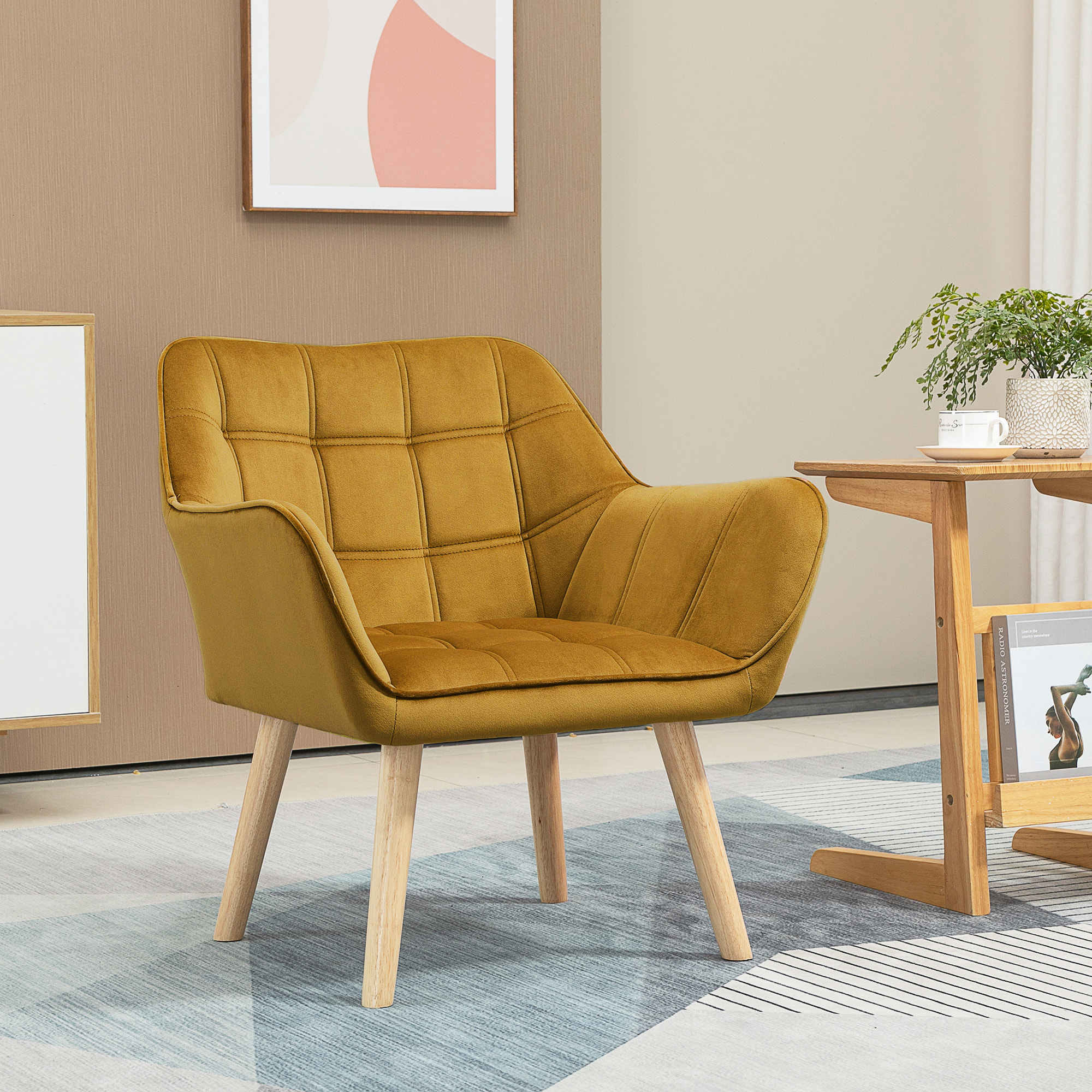 Butaca de Salón Moderna, Sillón Lectura Tapizado en Terciopelo con Asiento Ancho, Patas de Madera, Fácil Montaje, Sillón Relax para Sala de Estar, Dormitorio y Balcón, Amarillo Mostaza