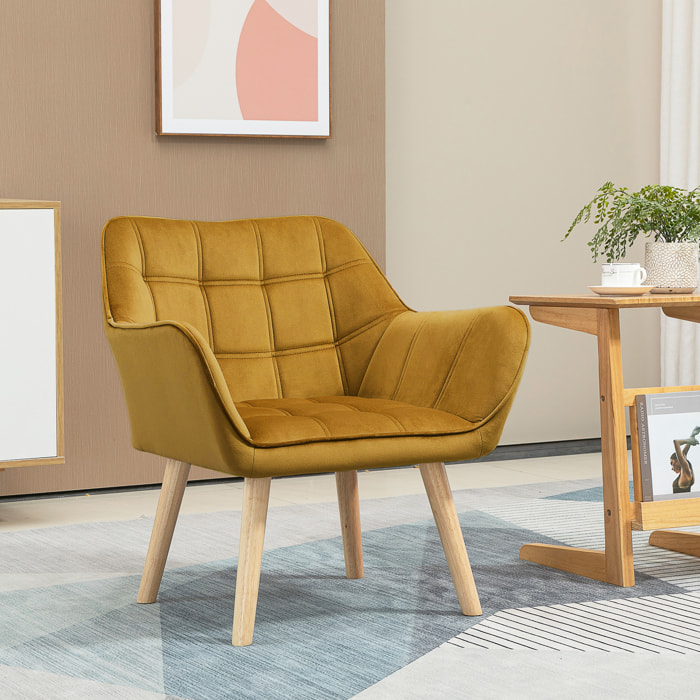 Butaca de Salón Moderna, Sillón Lectura Tapizado en Terciopelo con Asiento Ancho, Patas de Madera, Fácil Montaje, Sillón Relax para Sala de Estar, Dormitorio y Balcón, Amarillo Mostaza