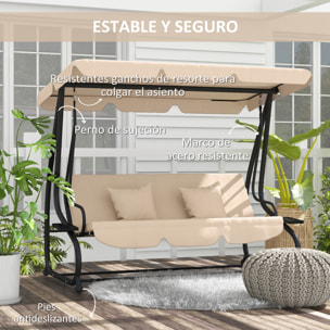 Columpio de Jardín Exterior de 3 Plazas 2 en 1 Cama Balancín de Jardín Exterior con Toldo Ajustable Bandejas Laterales y Almohadas para Balcón Terraza Patio Carga 340 kg 200x120x164 cm Arena