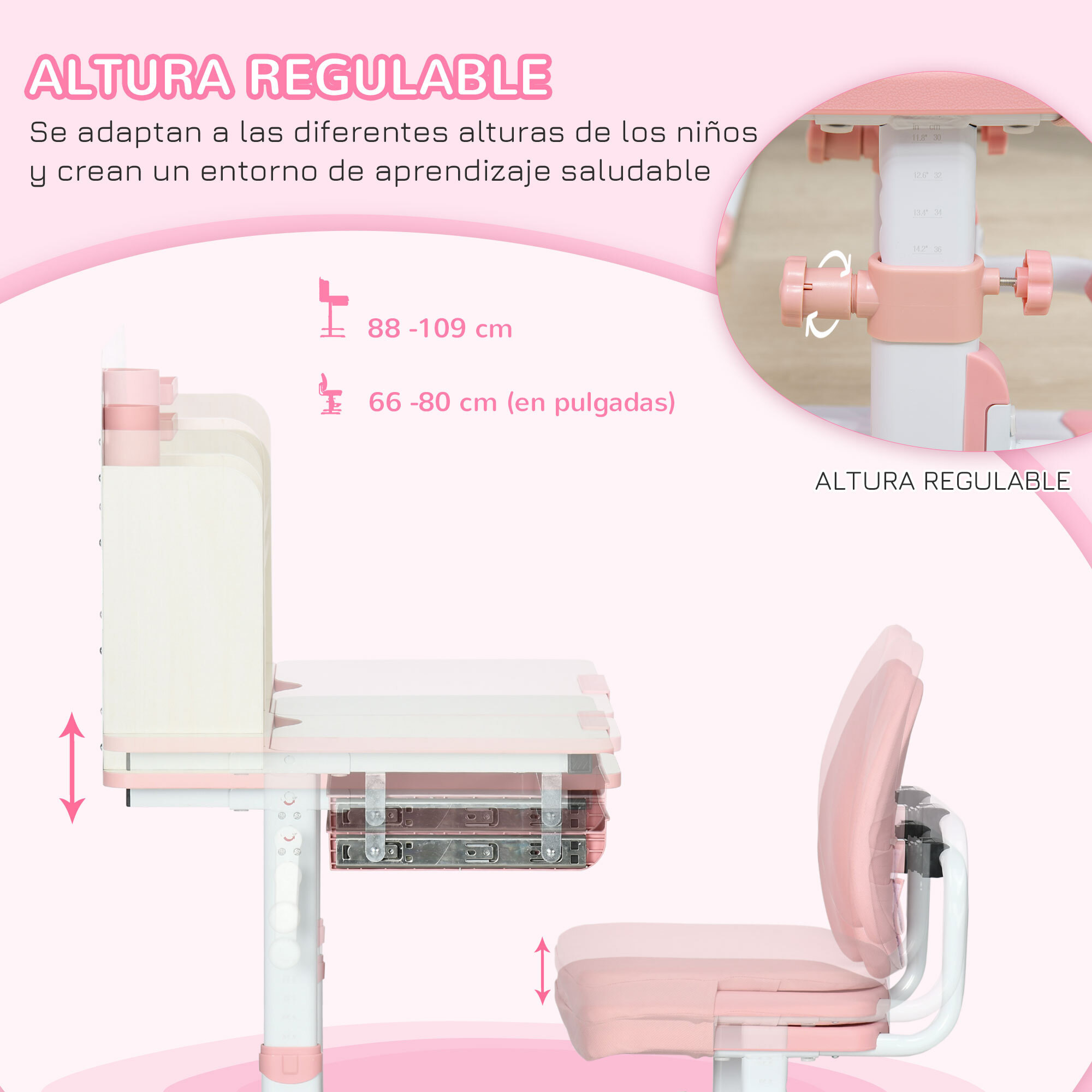 Juego de Escritorio y Silla para Niños de +3 Años Pupitre Infantil Altura Ajustable con 1 Cajón 1 Estante para Libros y Tablero de Mesa Inclinable 80x52x88-109 cm Rosa y Blanco