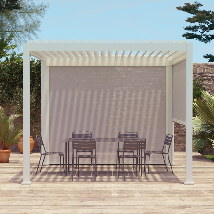 Pergola bioclimatique aluminium Triomphe 3x3 m lames orientables avec 2 stores en aluminium et textilène blancs