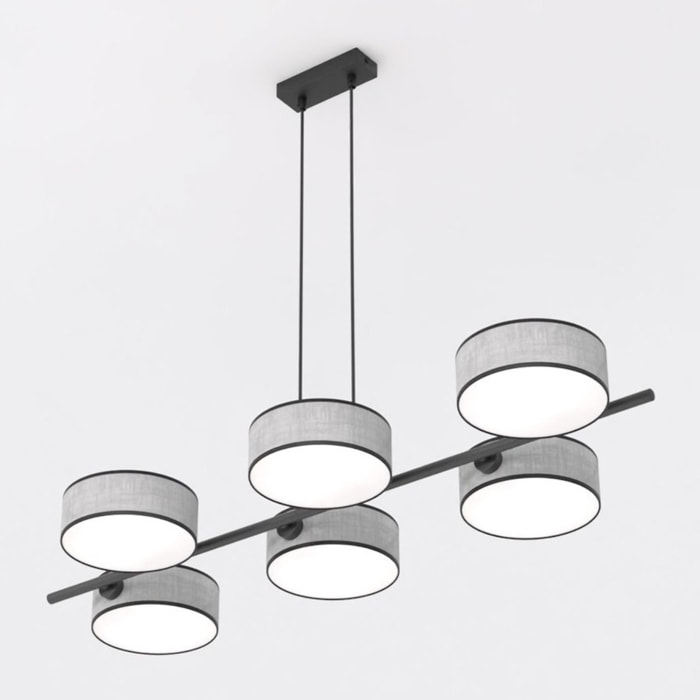 Lampada a sospensione DRUMZ 6 in acciaio nero e tessuto grigio