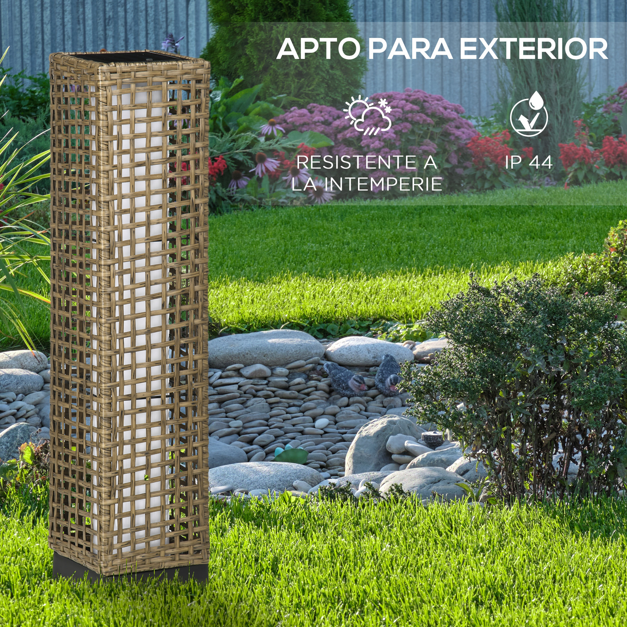 Linterna de Jardín de Ratán Sintético Farola Solar con Luces LED Encendido y Apagado Automático para Terraza Balcón Patio 15,5x15,5x69 cm Arena