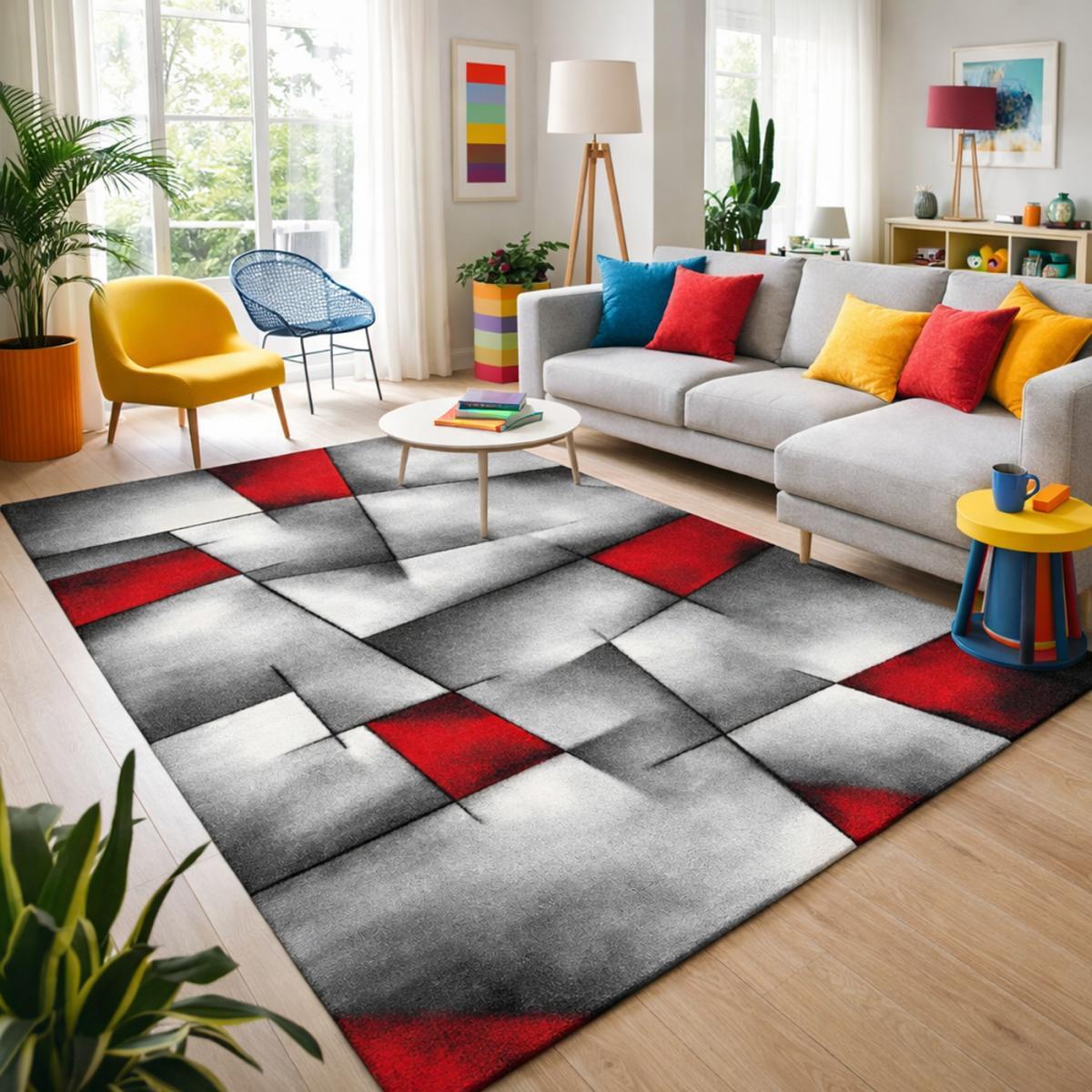 Tapis Rahi gris et rouge aux motifs géométriques