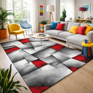 Tapis Rahi gris et rouge aux motifs géométriques