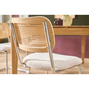 Chaises design en tissu effet velours texturé beige, métal chromé et cannage rotin (lot de 2) ELECTRA