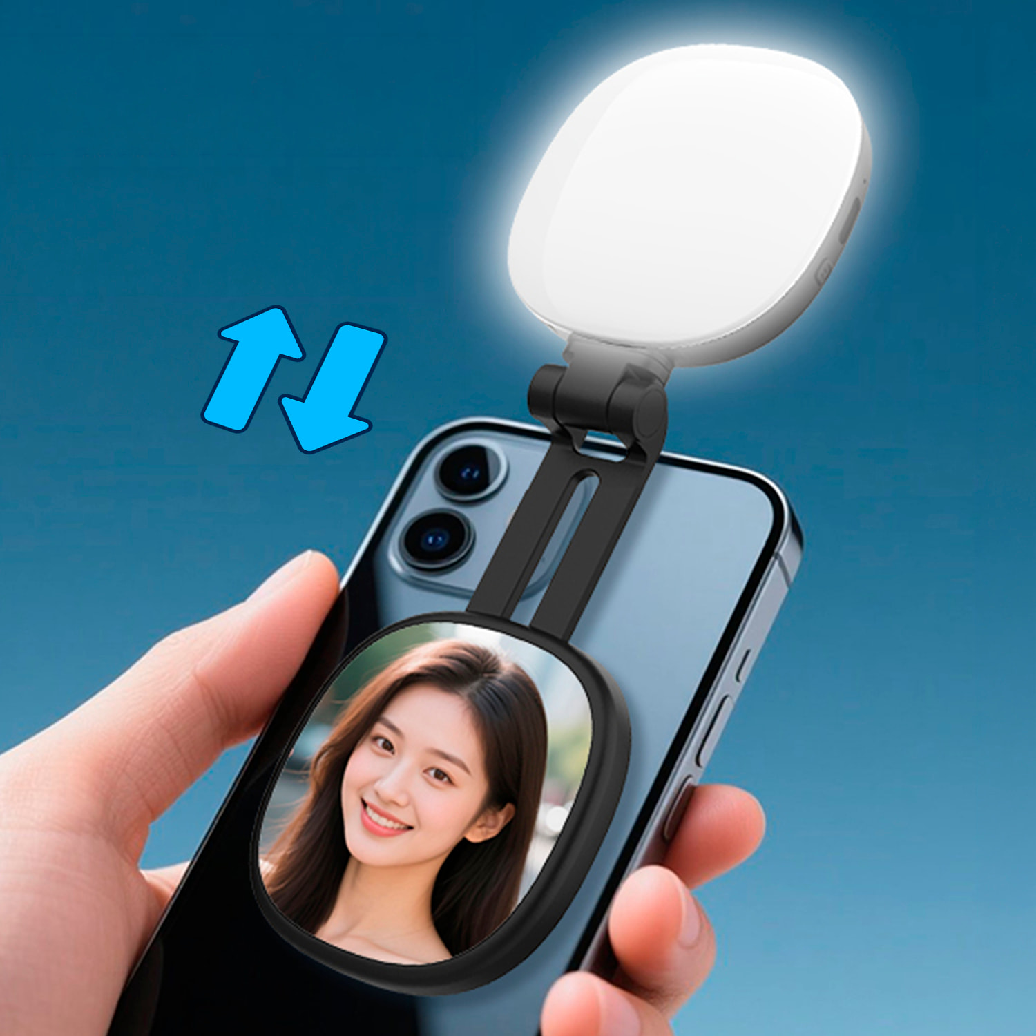 Lámpara de iluminación suplementaria para selfies con espejo, 3 tipos de luz, regulación de brillo y batería recargable.