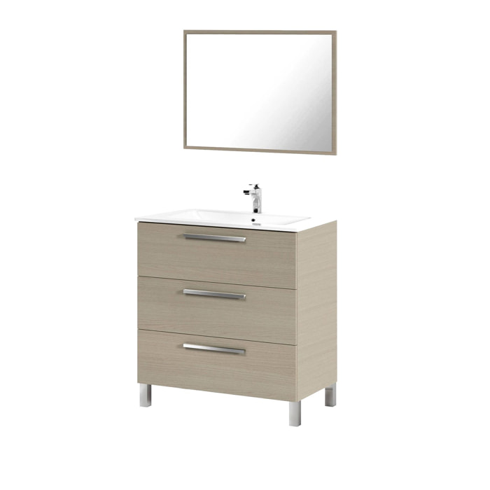 Mobile sottolavabo Palmdale, Mobiletto per bagno, Armadio a 3 cassetti e specchio, lavabo non incluso, cm 80x45h86, Rovere