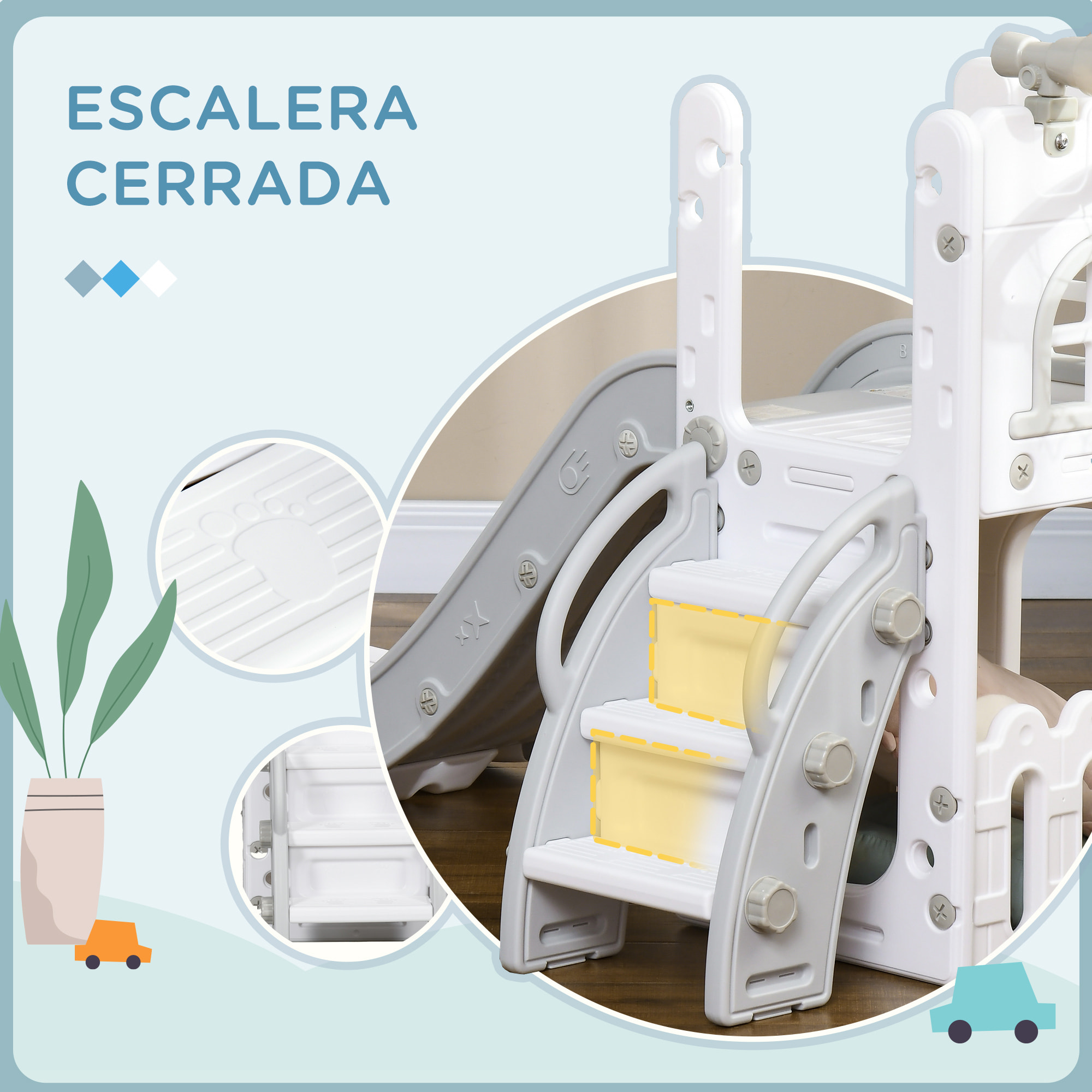 Tobogán Infantil 5 en 1, Tobogán para Niños de 1-3 Años con Aro de Baloncesto, Telescopio, Escalador y Cesta Inferior, para Interior y Exterior, Blanco y Gris