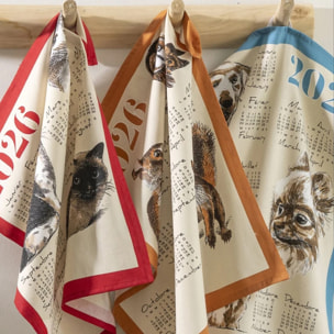 Torchon calendrier 2026 motif chats coton - Rouge