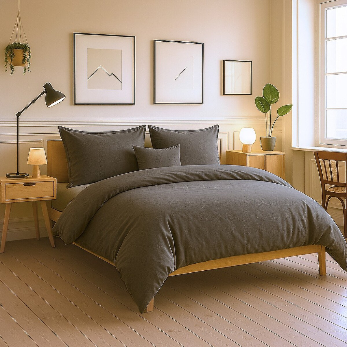 Parure Housse De Couette + 2 taies 100% Coton 57fils Gris FoncÉ