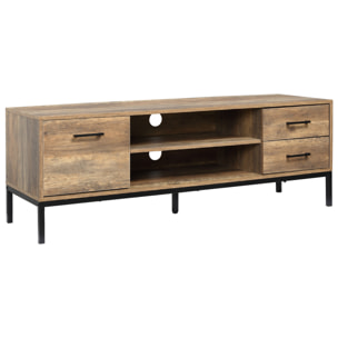 Meuble TV banc TV design industriel - porte, 2 tiroirs, 2 niches - piètement acier noir - aspect bois de manguier