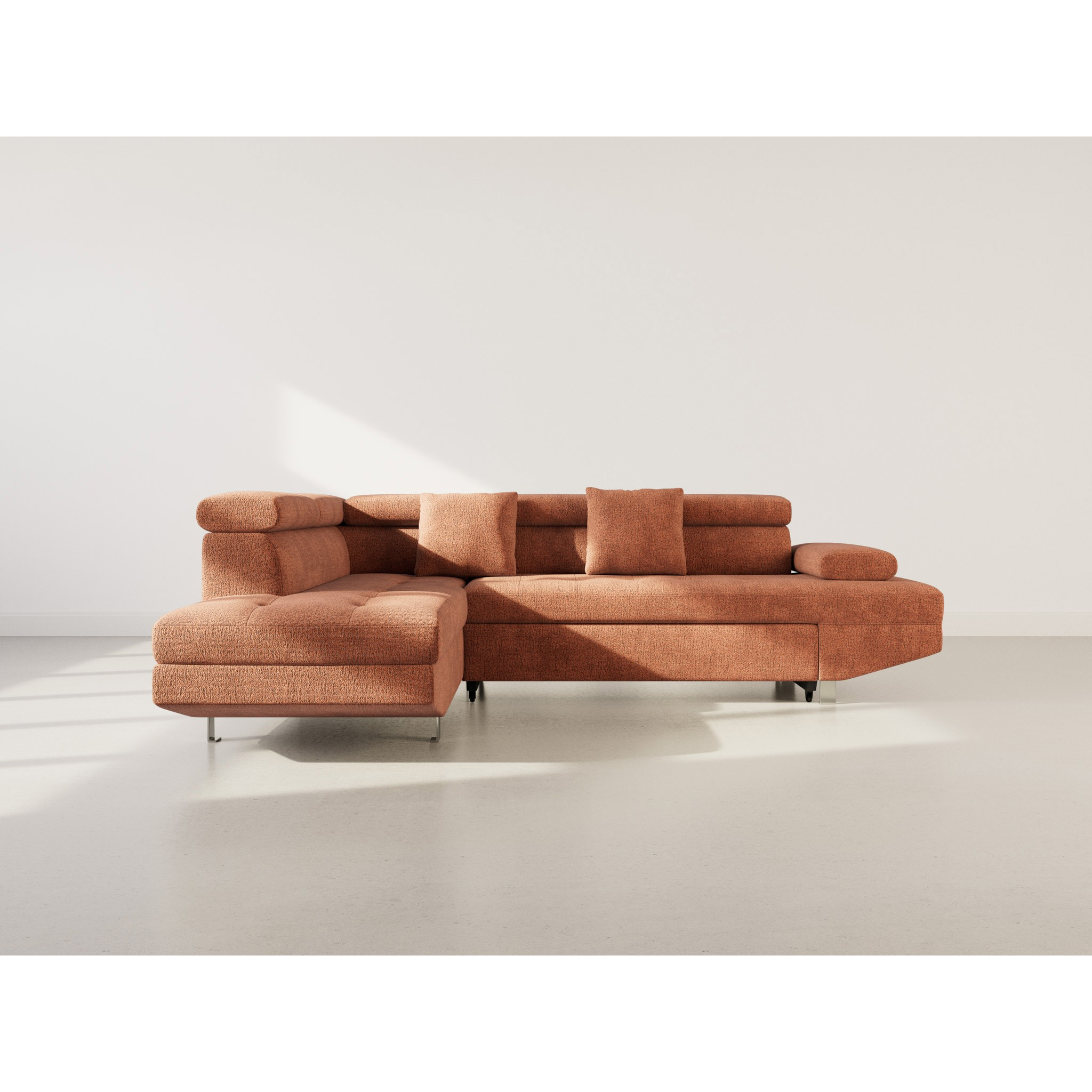 Margaux - Canapé d'angle gauche 5 places convertible avec coffre et têtières réglables en velours texturé - Terracotta