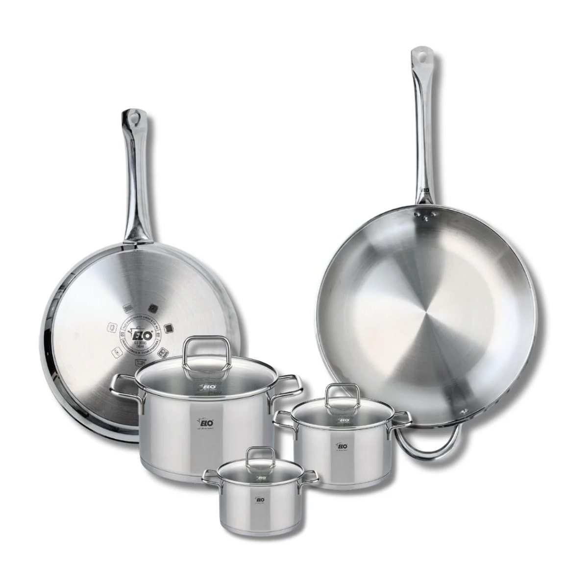 Ensemble de 2 Poêles de cuisson 28 et 32 cm et 3 faitouts 12, 14 et 20 cm Elo Profi Citrin