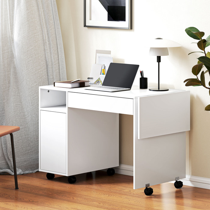 Bureau informatique mobile extensible - tiroir, niche, porte, étagère - blanc