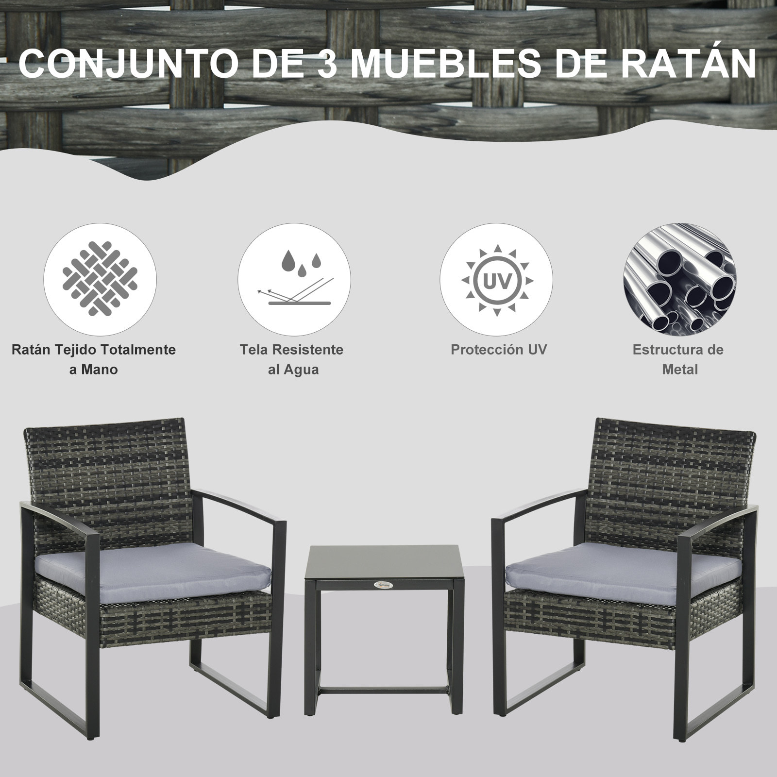 Conjunto de Muebles de Ratán Jardín 3 Piezas 1 Mesa 2 Sillas para Patio Gris