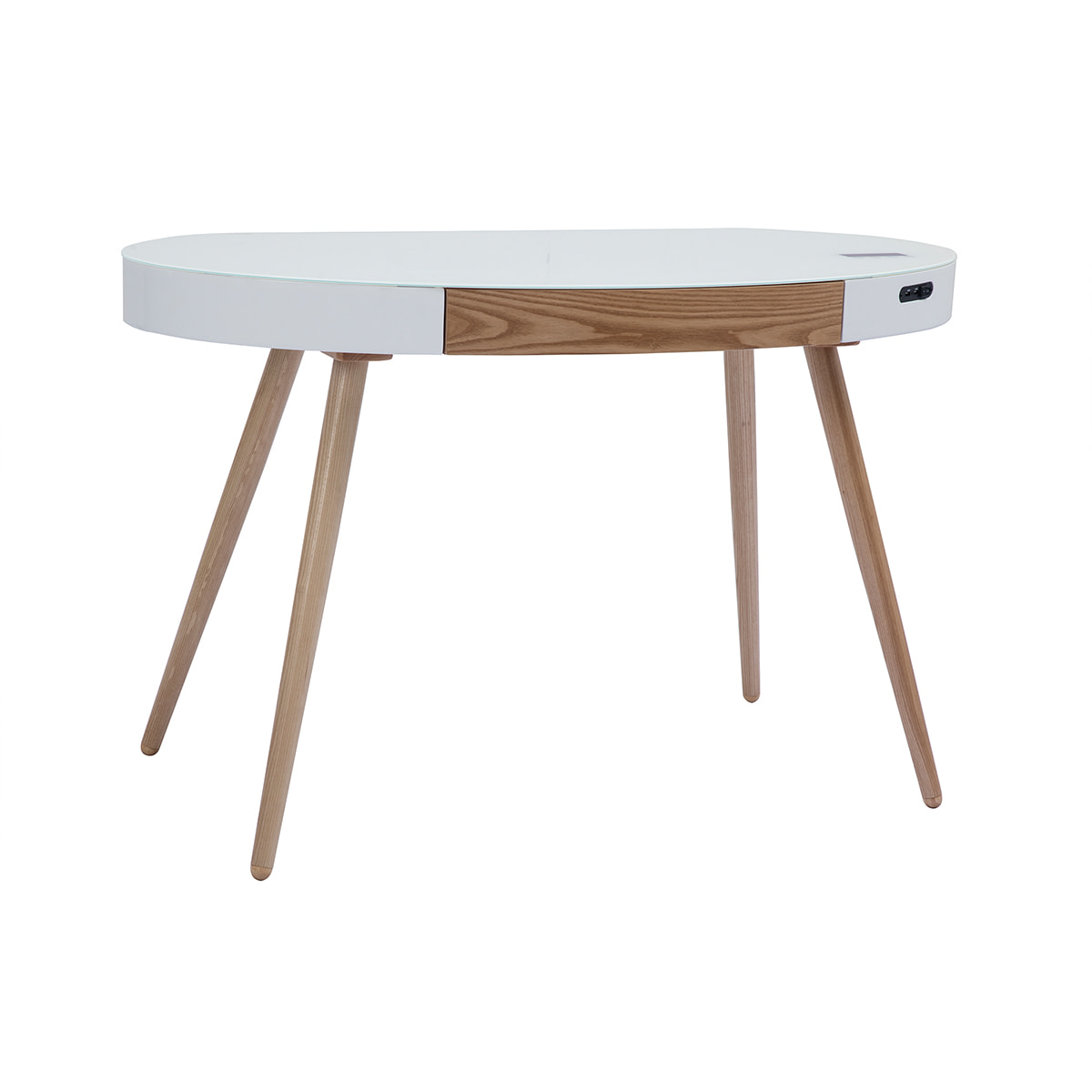 Bureau connecté multimédia verre blanc et bois clair L120 cm HANDY