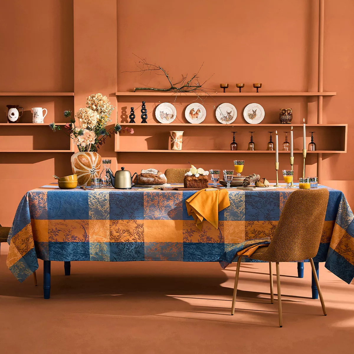 Set pur coton enduit motif jacquard Mille branchages crepuscule