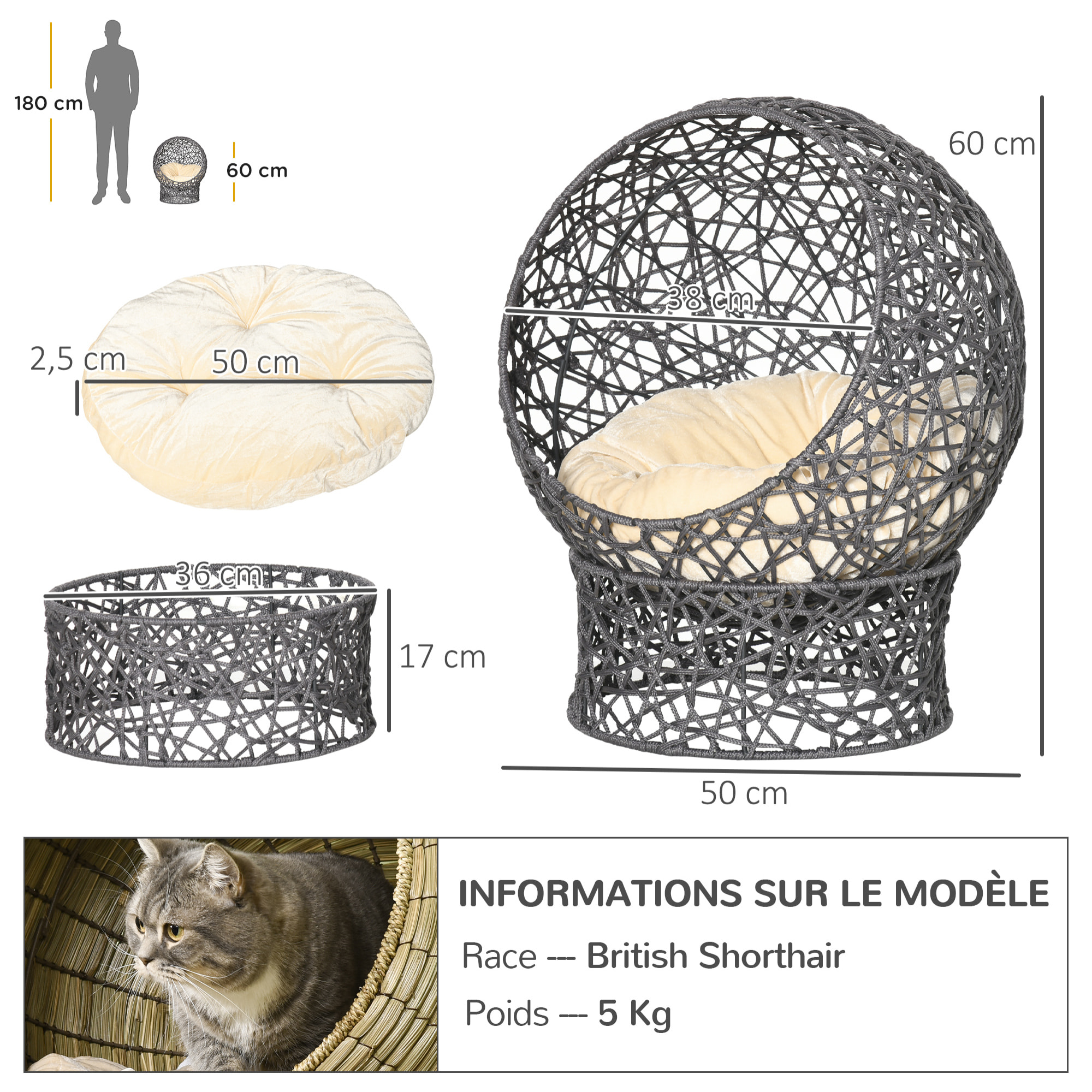 Panier tressé chat gris apia lit chat cosy grand confort dia. 50 x H.60 cm coussin moelleux beige inclus