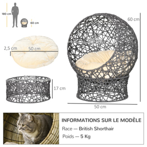 Panier tressé chat gris apia lit chat cosy grand confort dia. 50 x H.60 cm coussin moelleux beige inclus