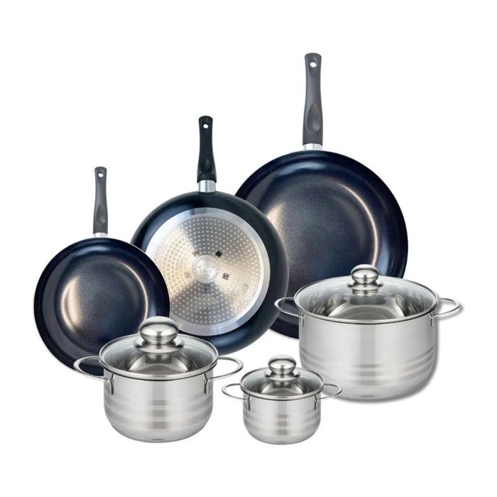Ensemble de 3 Poêles de cuisson 20, 24 et 28 cm et 3 faitouts 12, 16 et 20 cm Elo Prima Brillant