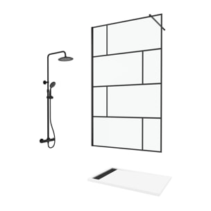 Paroi de Douche 120 cm Sérigraphie Noire et Receveur Blanc 80x120 + Colonne de Douche Thermostatique