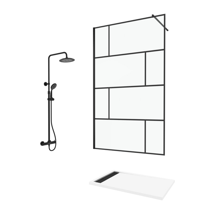 Paroi de Douche 120 cm Sérigraphie Noire et Receveur Blanc 80x120 + Colonne de Douche Thermostatique