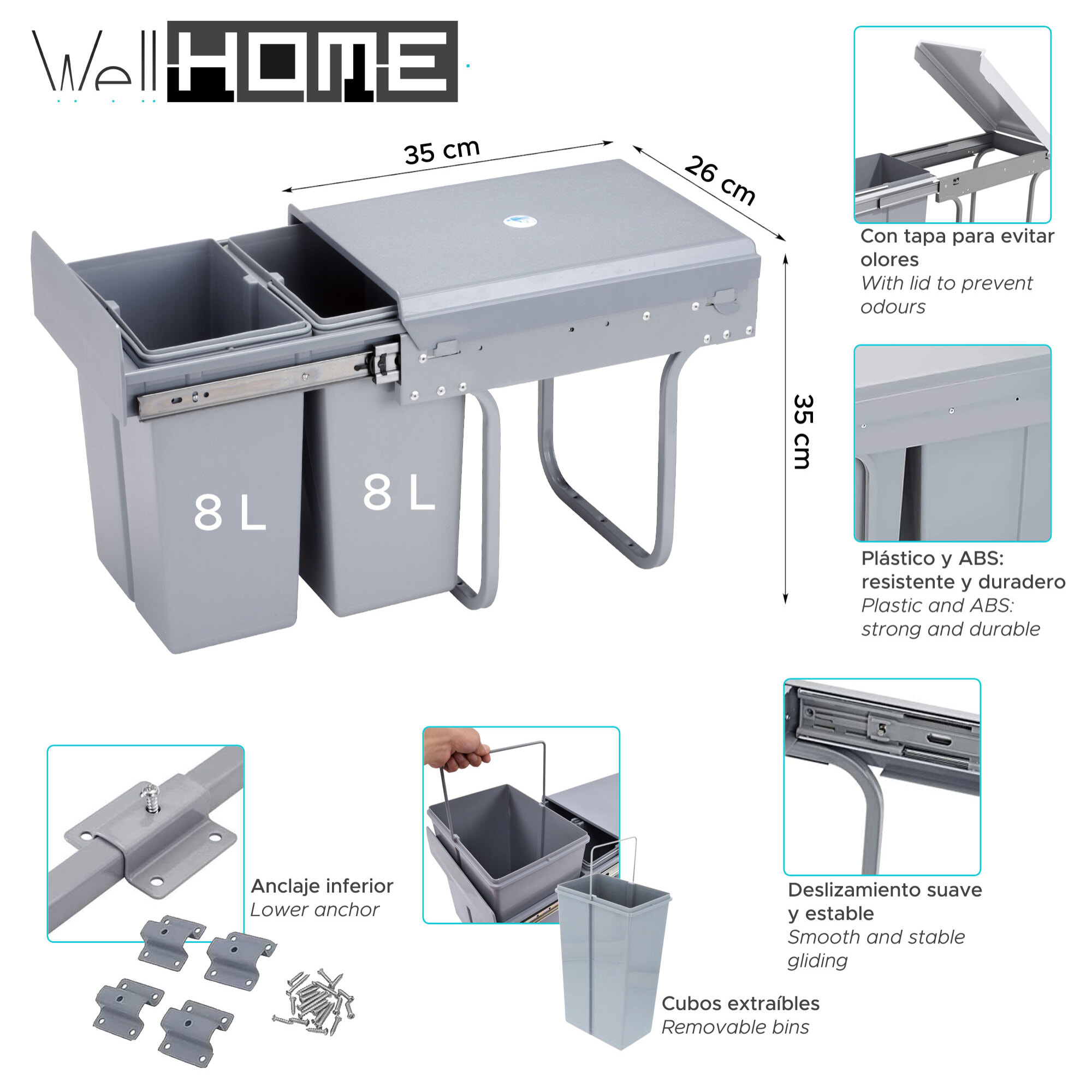 Contenedor de reciclaje para mueble de cocina, cubos de basura bajo fregadero, fijación inferior y extracción manual, cubos extraíbles, con tapa