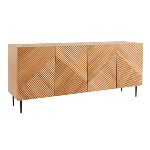 Buffet design en bois clair chêne massif gravé et métal noir 4 portes L180 cm ARCHIPEL